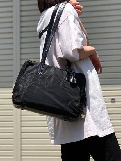 PRADA Triangle logo Crocodile embossed Nylon Tote bag Black Vintage Old vskjgf
