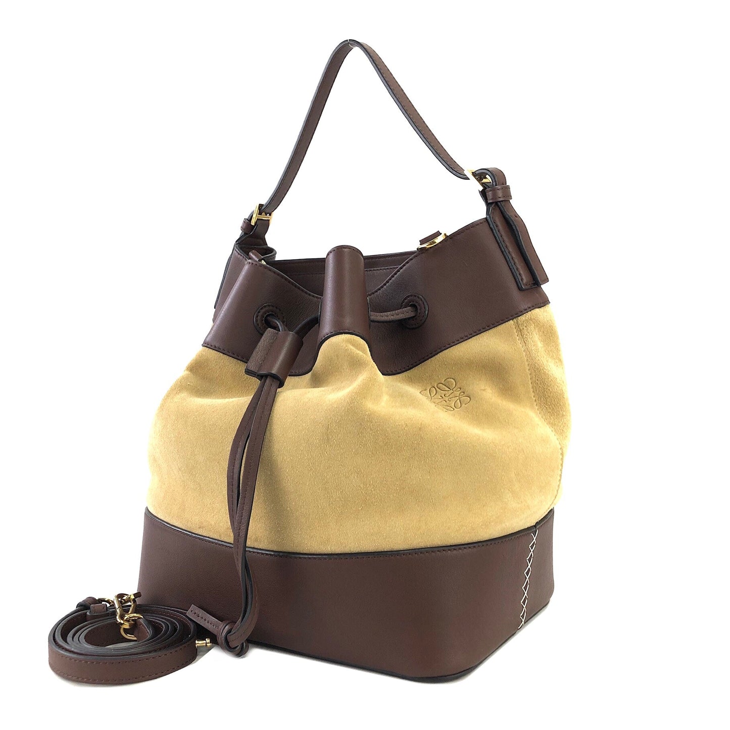 LOEWE Midnight Anagram Suede Leather Drawstring Two-wat Shoulder bag Beige  b76jhy