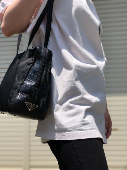 PRADA Triangle logo Crocodile embossed Nylon Tote bag Black Vintage Old vskjgf