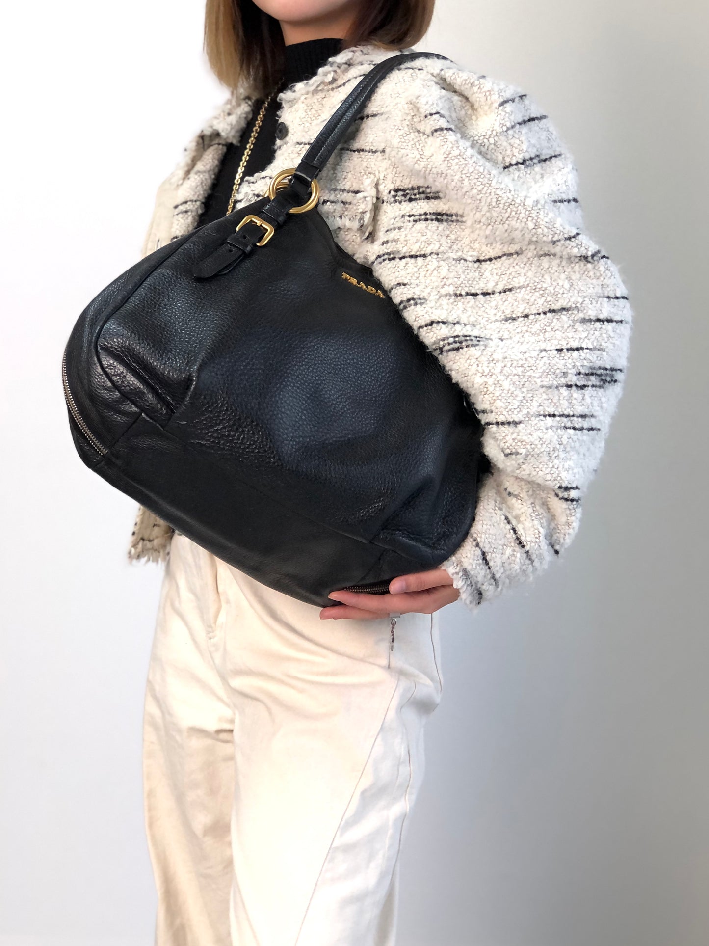 PRADA Logo Handbag Black BR4085 Vintage 3hvhgg