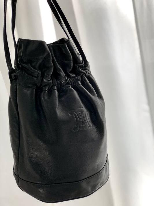 CELINE Blason Triomphe Embossed Drawstring Shoulder bag Black Vintage Old Celine ptiyh5