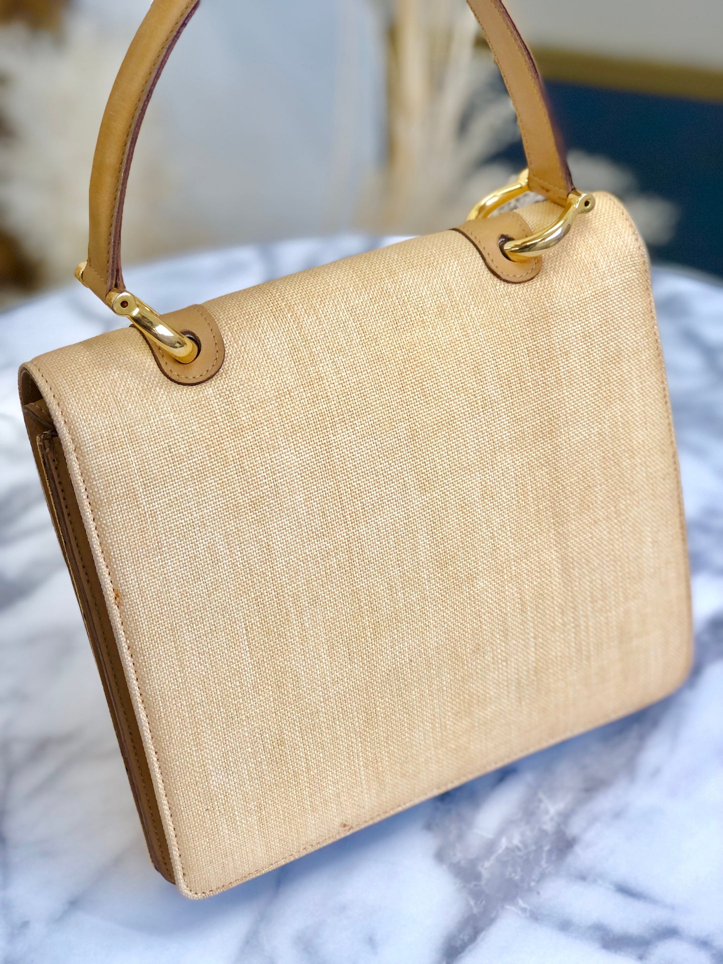 CELINE Raffia Basket weave Double flap Tophandle Handbag Beige Vintage Old CELINE 3fkipd