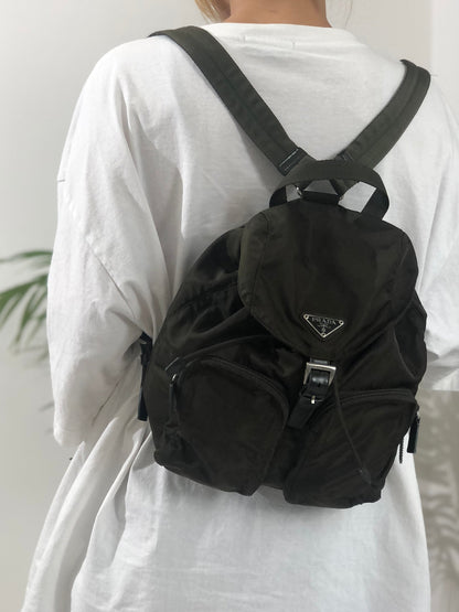 PRADA Triangle Logo Double Pocket Nylon Backpack Olive Green Vintage Old jp8x5n