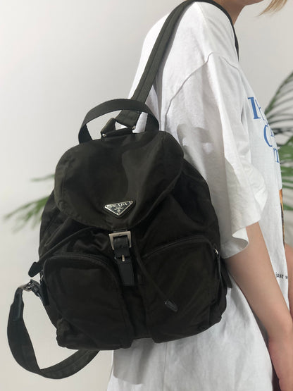 PRADA Triangle Logo Double Pocket Nylon Backpack Olive Green Vintage Old jp8x5n