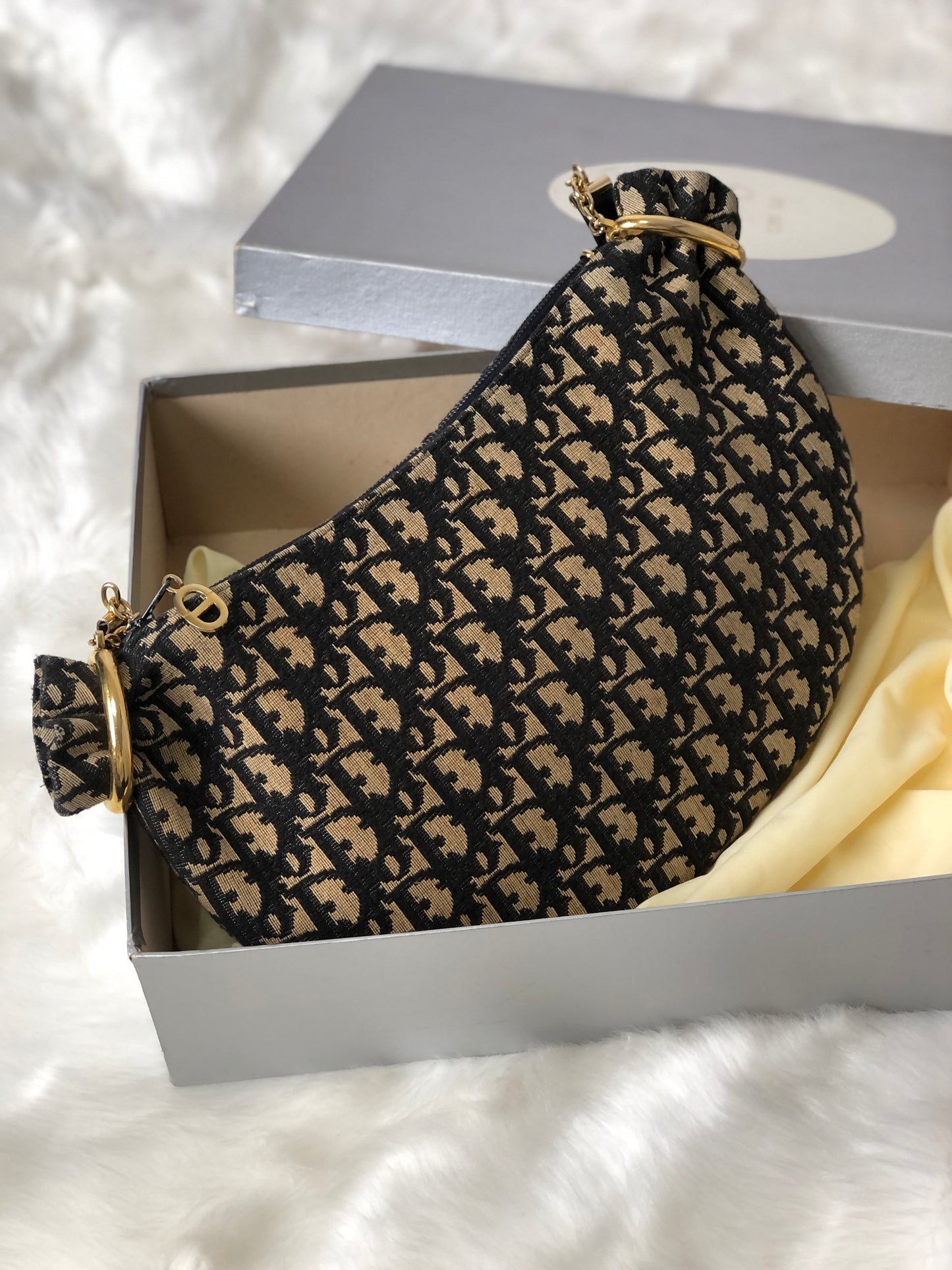 Christian Dior Trotter Jacquard Leather Shoulder bag Hobobag Navy Vintage 45xua4