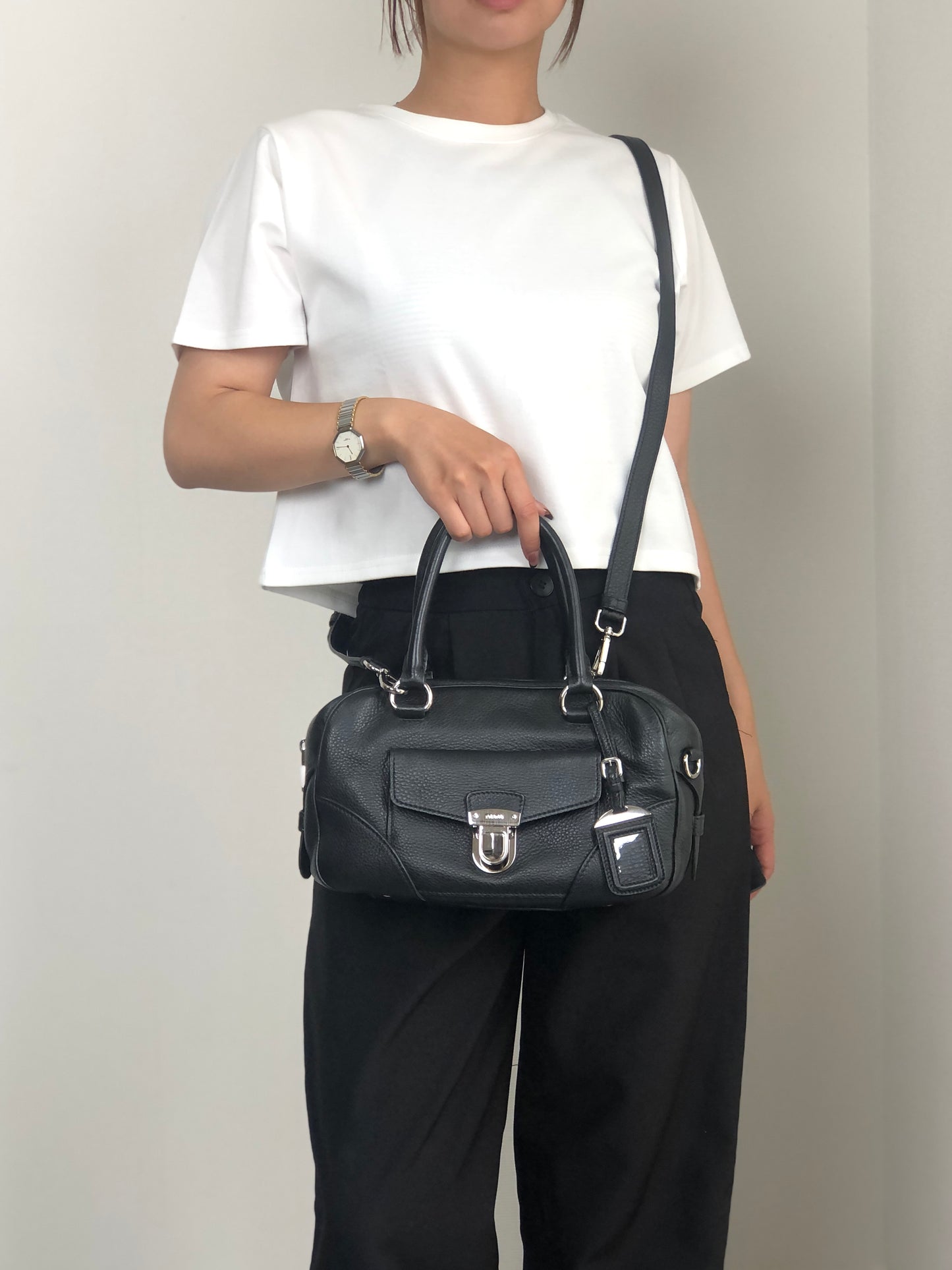 PRADA Logo Two-way Small Boston bag Shoulder bag Black Vintage 6yvxeb