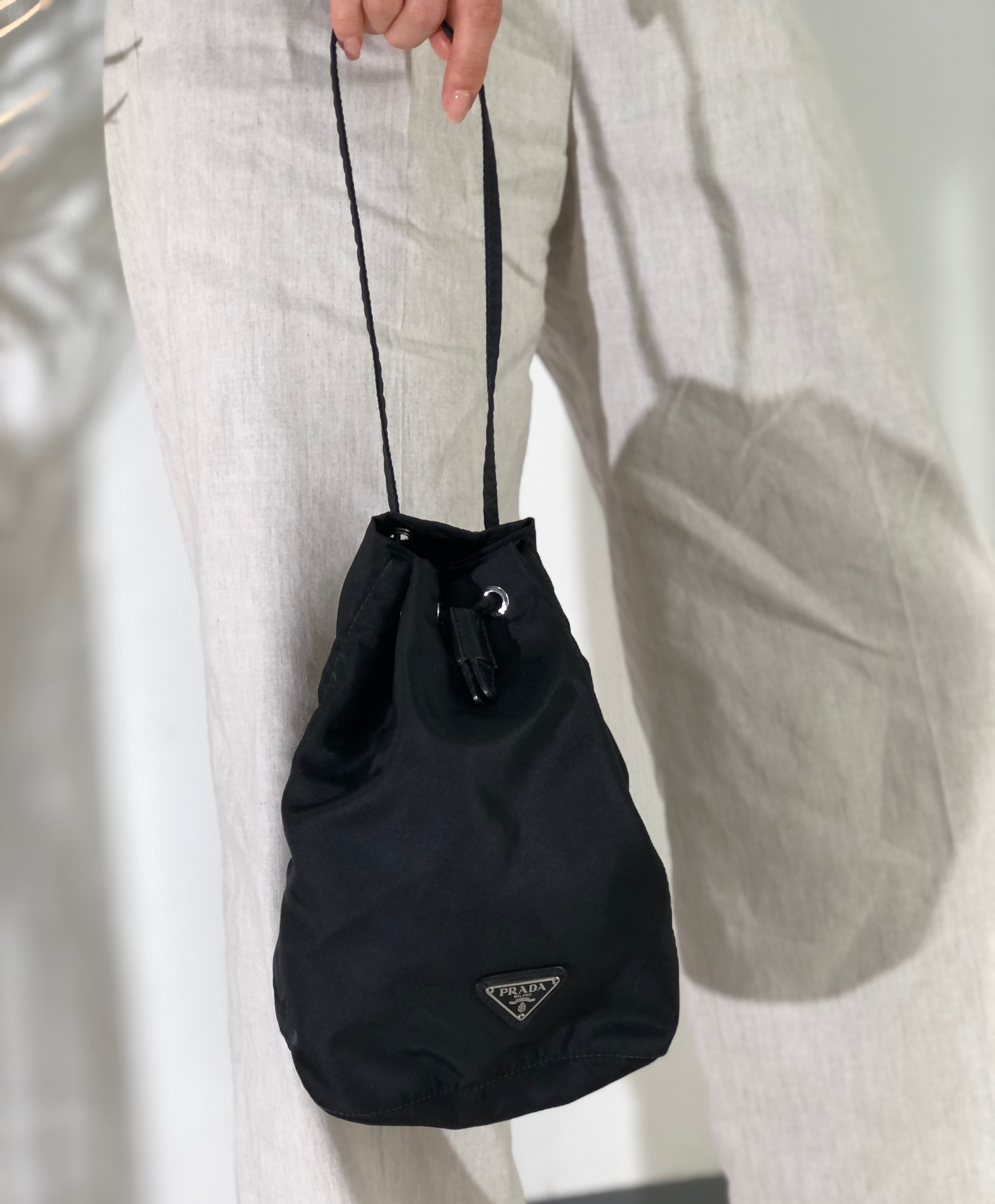 PRADA Triangle logo Nylon Drawstring Small Handbag Pouch Black 