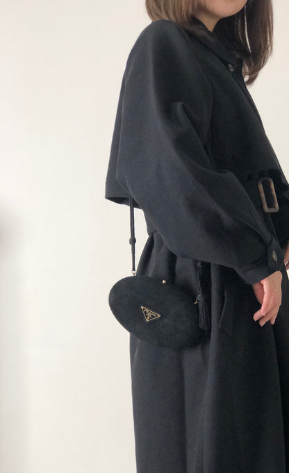 PRADA Triangle Logo Suede Tassel Oval Shoulder bag Black Vintage weg6mv