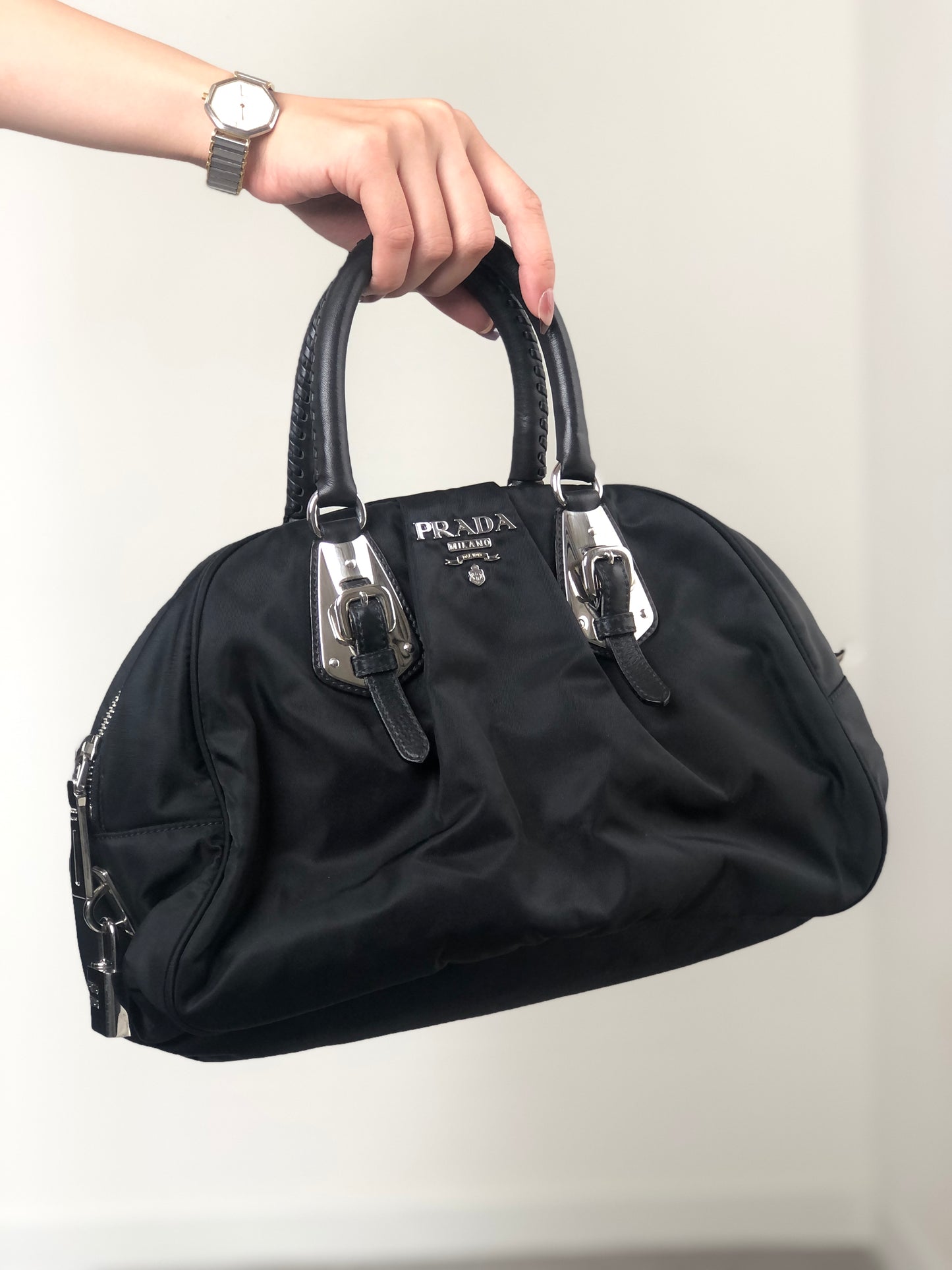 PRADA Logo Boston bag Handbag Black Vintage jipcs2