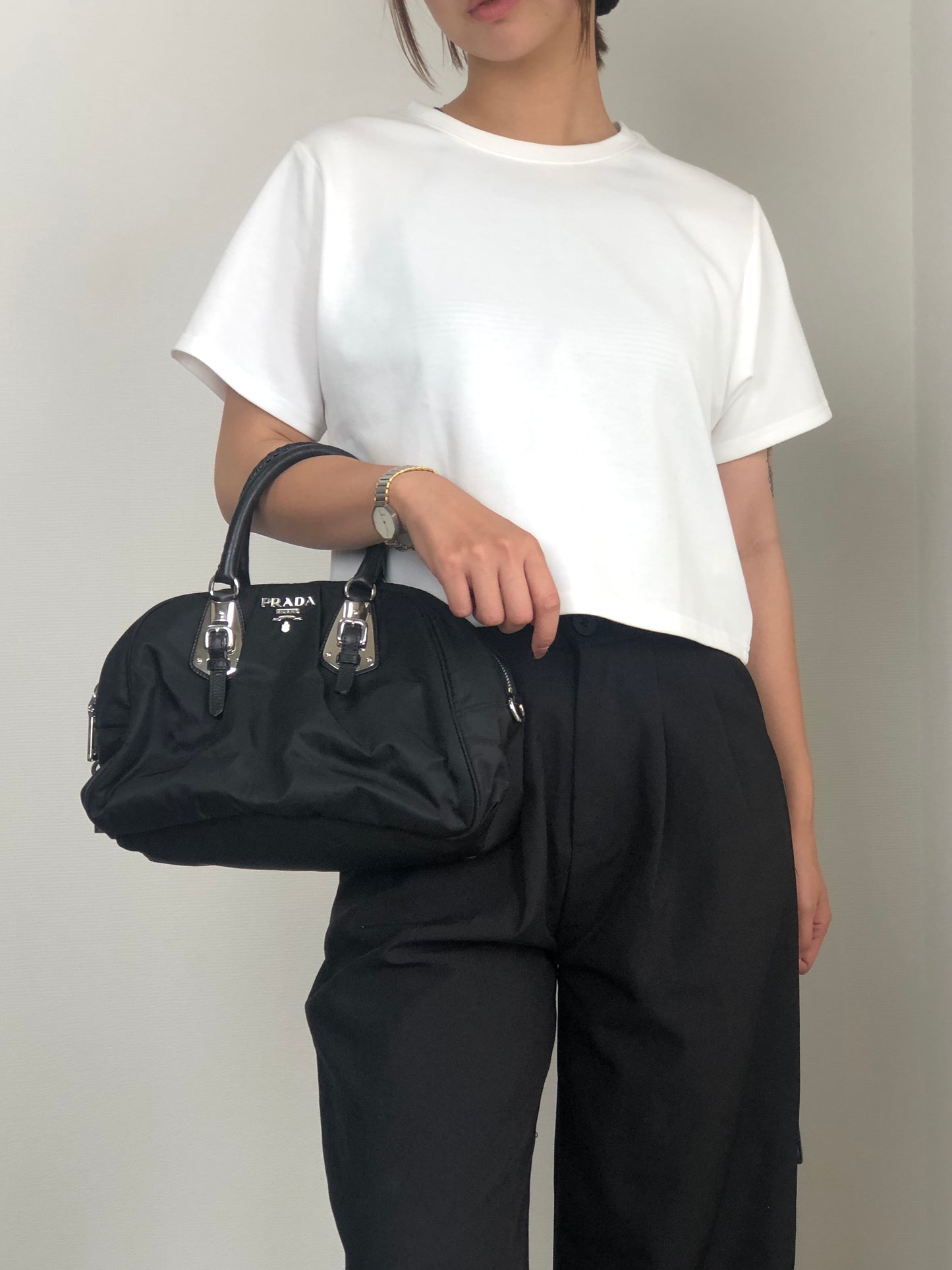 PRADA Logo Boston bag Handbag Black Vintage jipcs2