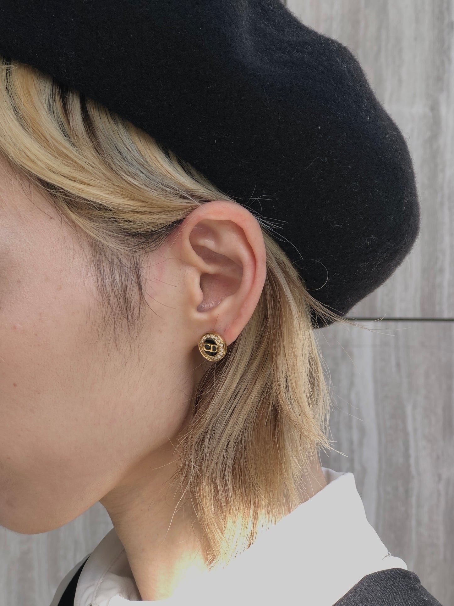 Christian Dior CD Logo Rhinestone Pierced Silver×Black Vintage twgnkz