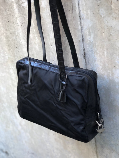 PRADA Triangle logo Crocodile embossed Nylon Tote bag Black Vintage Old vskjgf