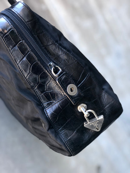 PRADA Triangle logo Crocodile embossed Nylon Tote bag Black Vintage Old vskjgf