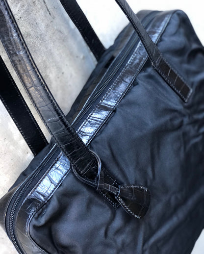 PRADA Triangle logo Crocodile embossed Nylon Tote bag Black Vintage Old vskjgf