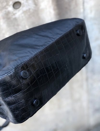PRADA Triangle logo Crocodile embossed Nylon Tote bag Black Vintage Old vskjgf