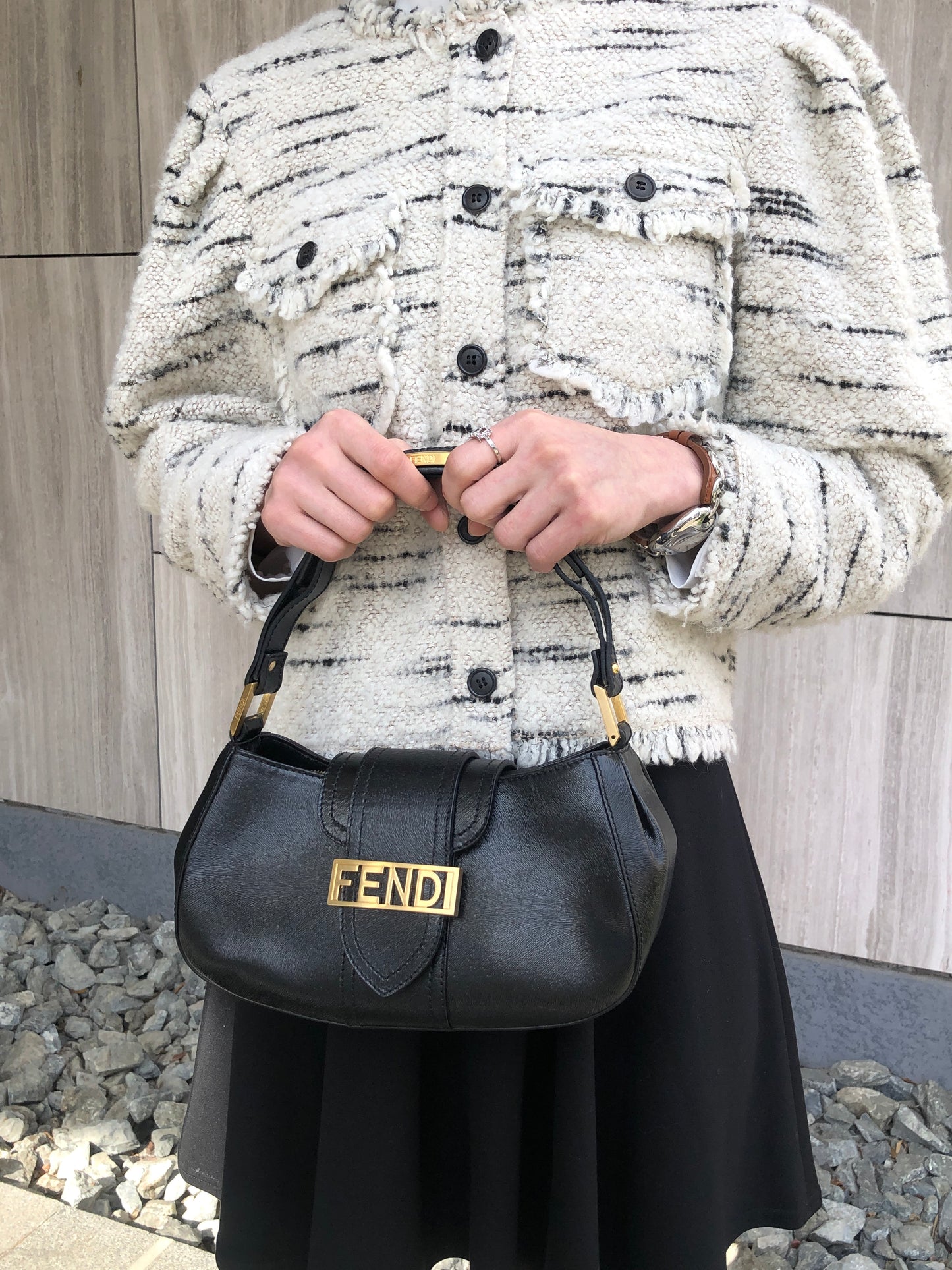 FENDI Logo Shoulder bag Black Vintage zjfy53