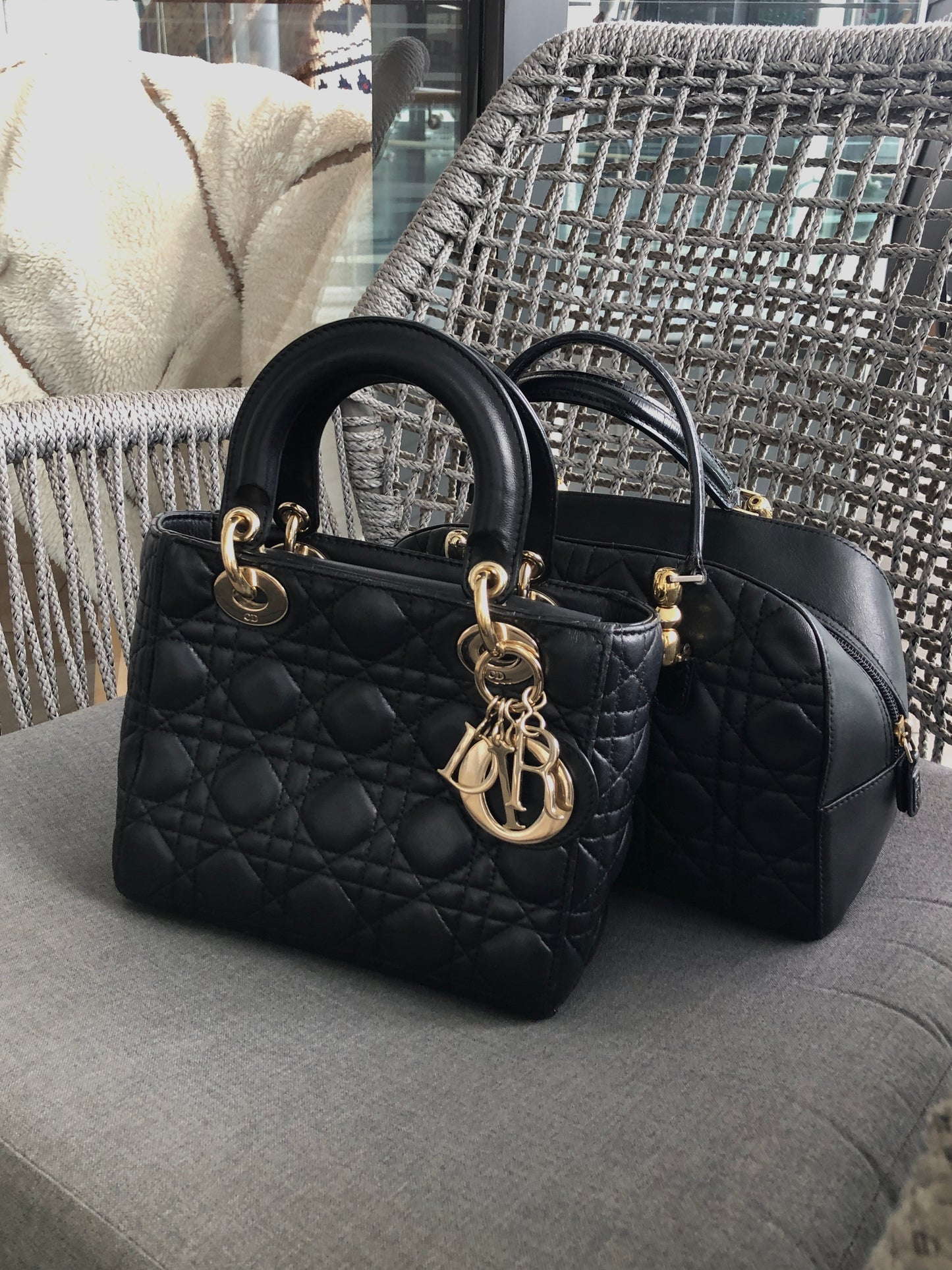 Christian Dior Lady Dior Cannage Logo Charm Handbag Black Vintage 885e65