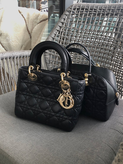 Christian Dior Lady Dior Cannage Logo Charm Handbag Black Vintage 885e65