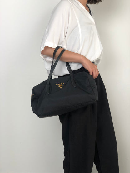 PRADA Logo Small Boston bag Handbag Black Vintage 754ve8
