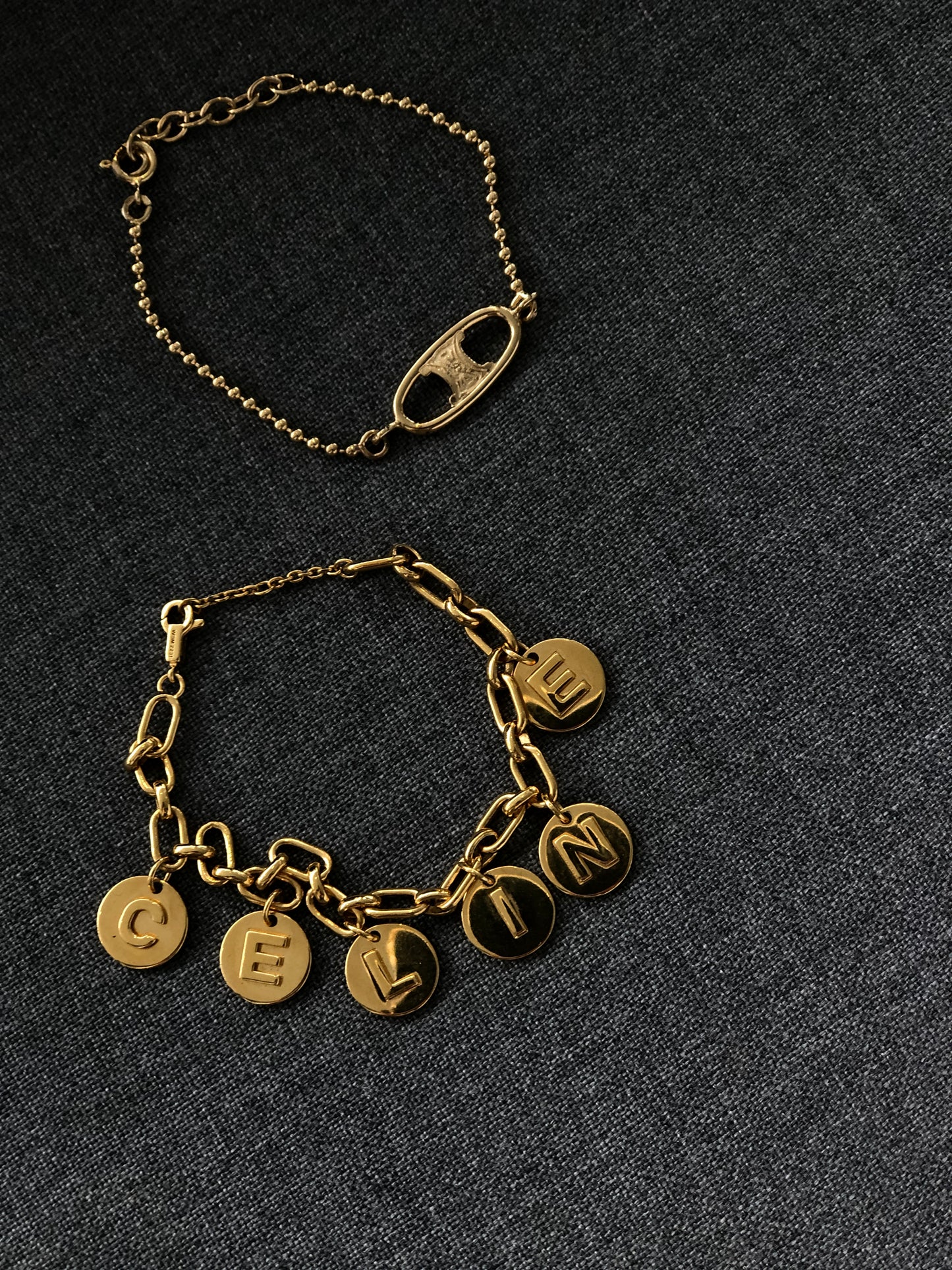 CELINE Logo Charm Bracelet Gold Vintage yin3xg