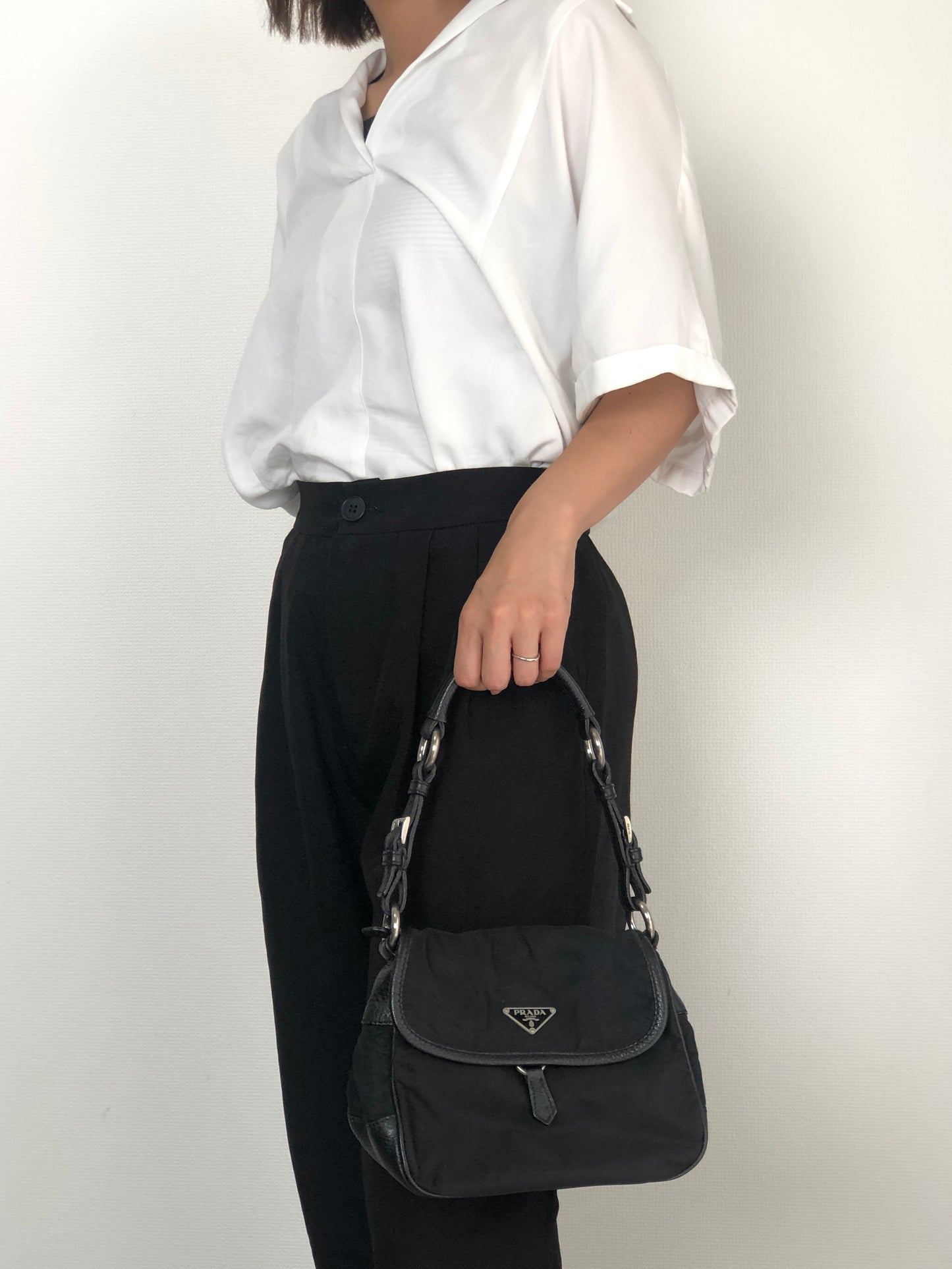 PRADA Triangle Logo Shoulder bag Hobobag Black Vintage ytkjet
