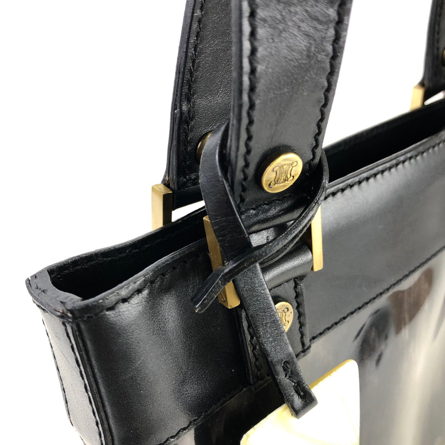 CELINE Blason Clear Plate Charm Leather PVC Handbag Black vintage Old Celine ercjxm