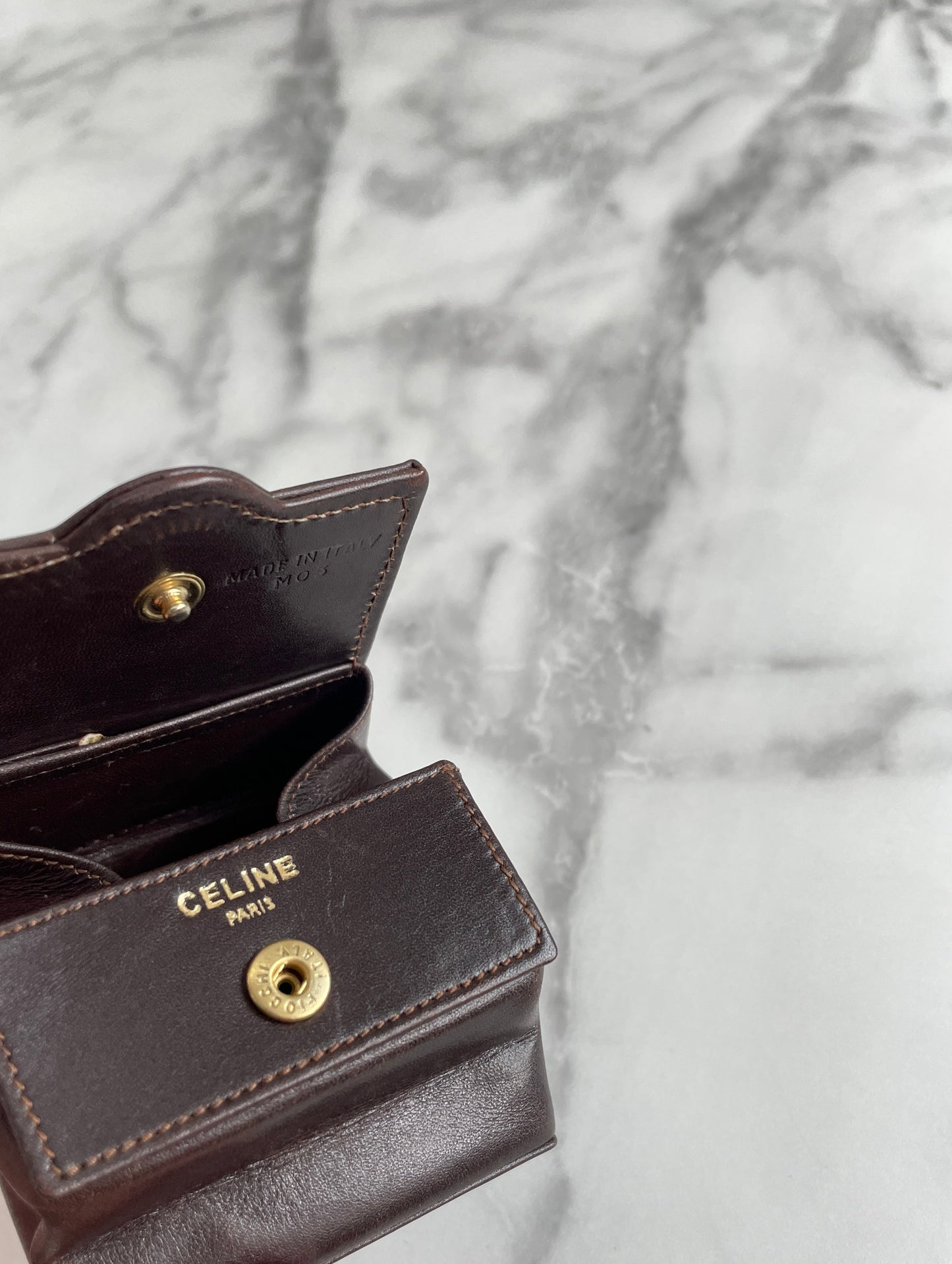 CELINE Blason Logo Leather Square Coin purse Mini Wallet Brown Vintage Old Celine xxufuw