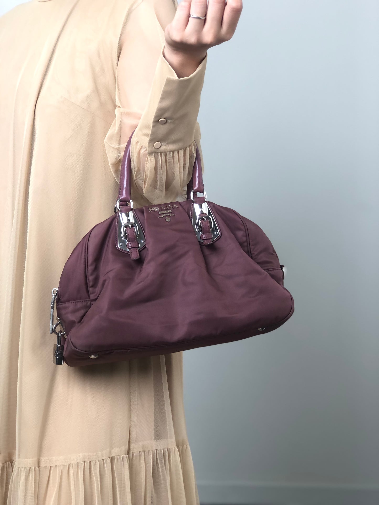PRADA Logo Handbag Boston bag Brown Vintage 4x2uwa