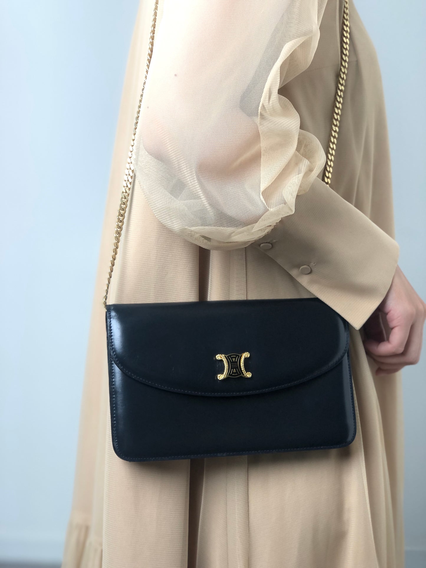 CELINE Triomphe Chain Shoulder bag Black Vintage thnjzk