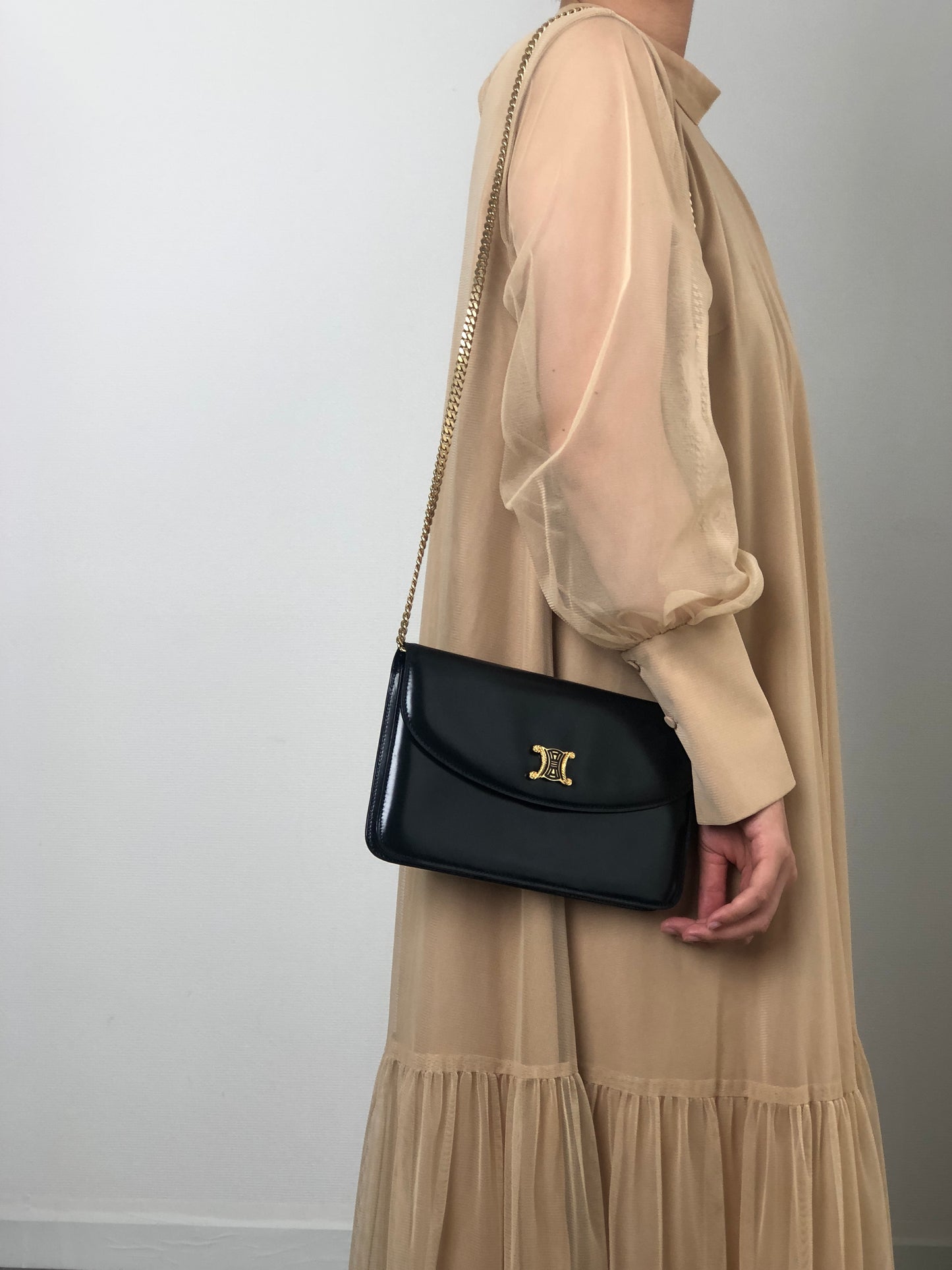 CELINE Triomphe Chain Shoulder bag Black Vintage thnjzk
