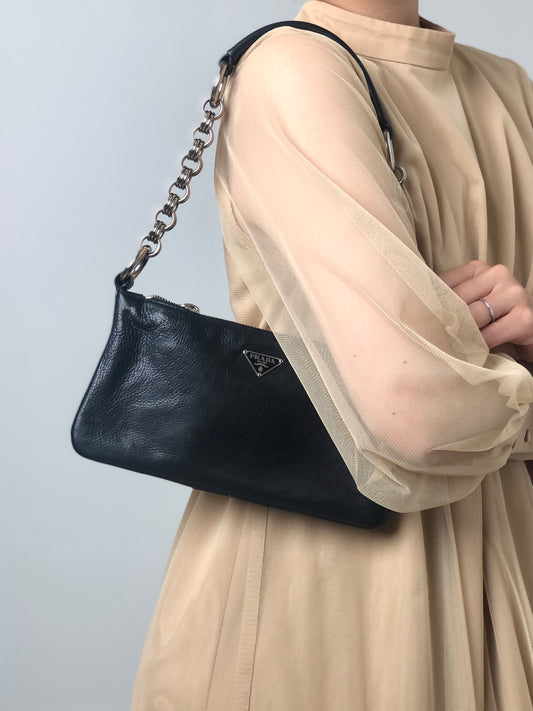 PRADA Triangle Logo Chain Handle Shoulder bag Hobobag Black Vintage zft4vr