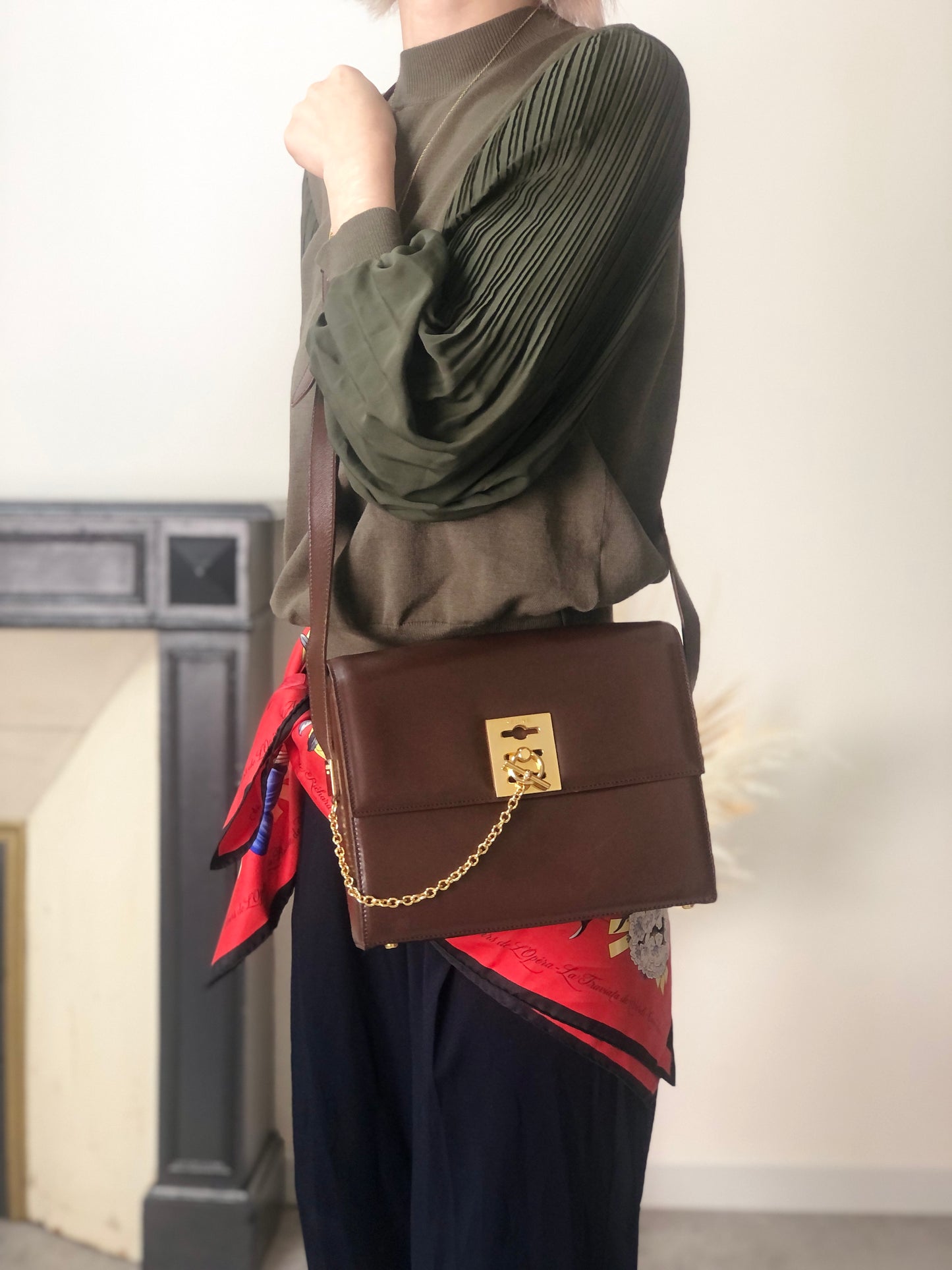 CELINE Gancini Shoulder bag Brown Vintage x6s3nv
