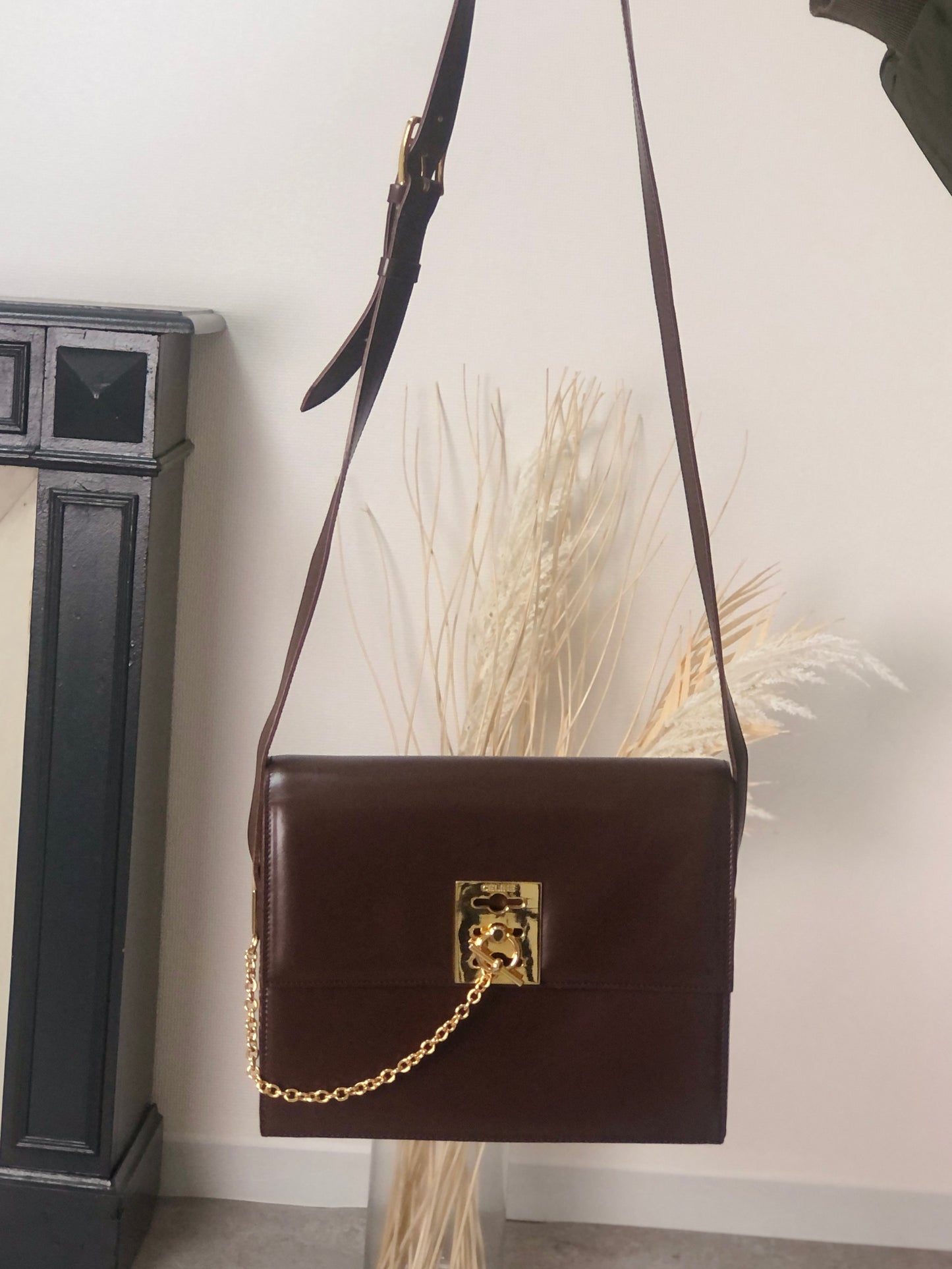 CELINE Gancini Shoulder bag Brown Vintage x6s3nv