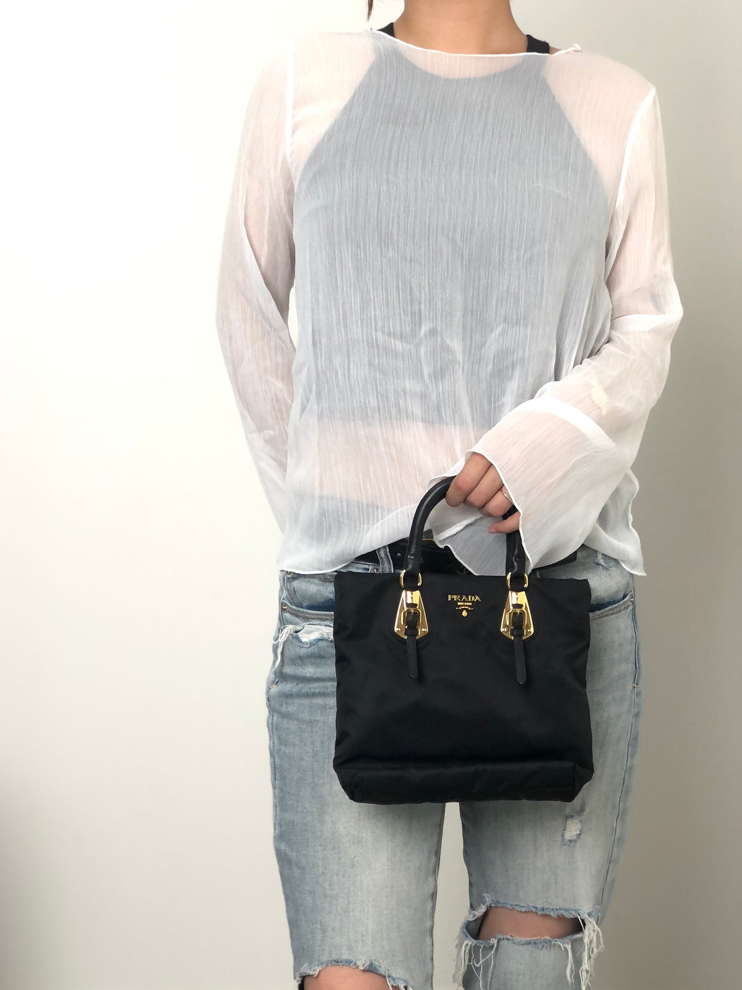 PRADA Logo Front Buckle Handbag Black Vintage rm4ygr