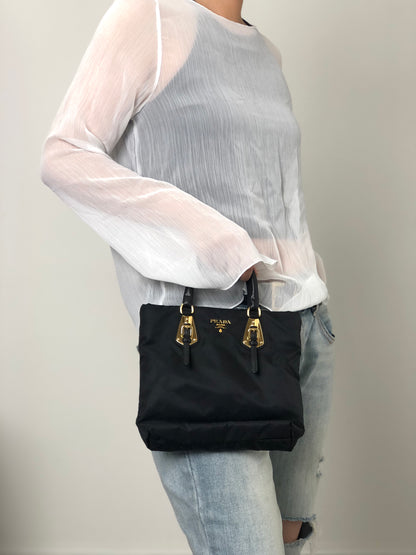 PRADA Logo Front Buckle Handbag Black Vintage rm4ygr