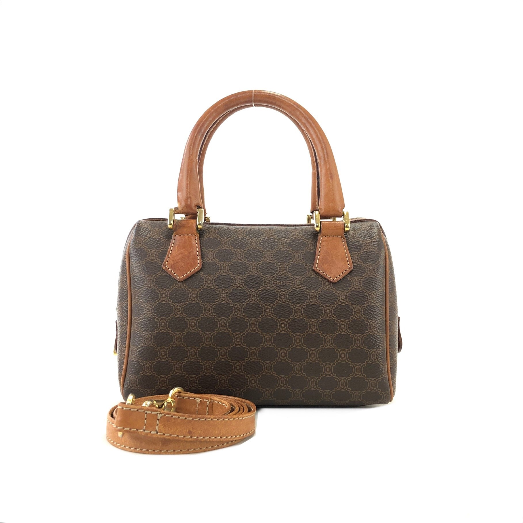 バッグ CELINE C MACADAM CANVAS MINI BOSTON BAG CELINE Macadam Canvas Boston Bag PVC Beige Gold Auth ki5878 | eBay