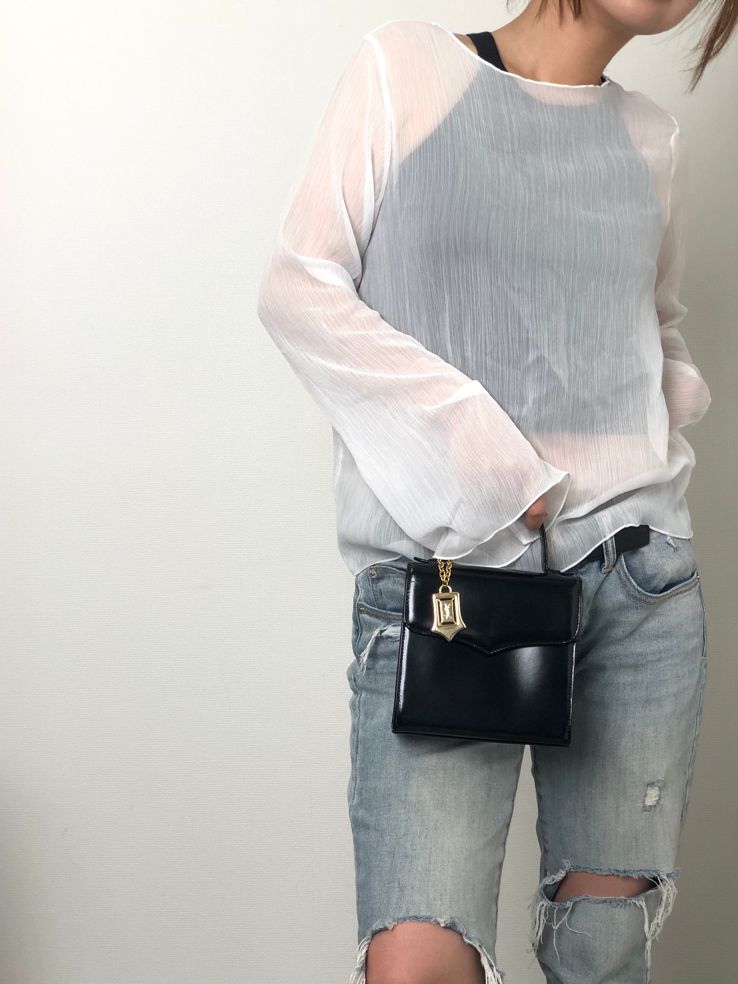 Yves Saint Laurent YSL Logo Charm Two-way Handbag Shoulder bag Black Vintage gmjhfk