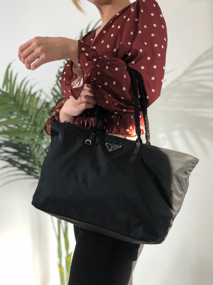 PRADA Triangle Logo Rope Handle Nylon Totebag Black Vintage dkh87x