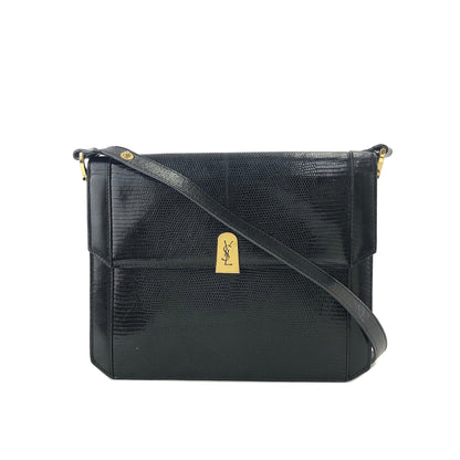 Yves Saint Laurent YSL 標誌蜥蜴紋壓花雙向肩背包手提包黑色復古舊款 f23f2e