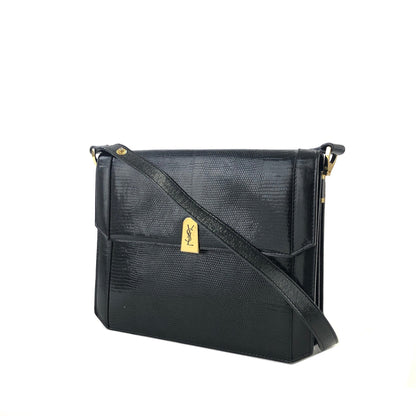 Yves Saint Laurent YSL 標誌蜥蜴紋壓花雙向肩背包手提包黑色復古舊款 f23f2e
