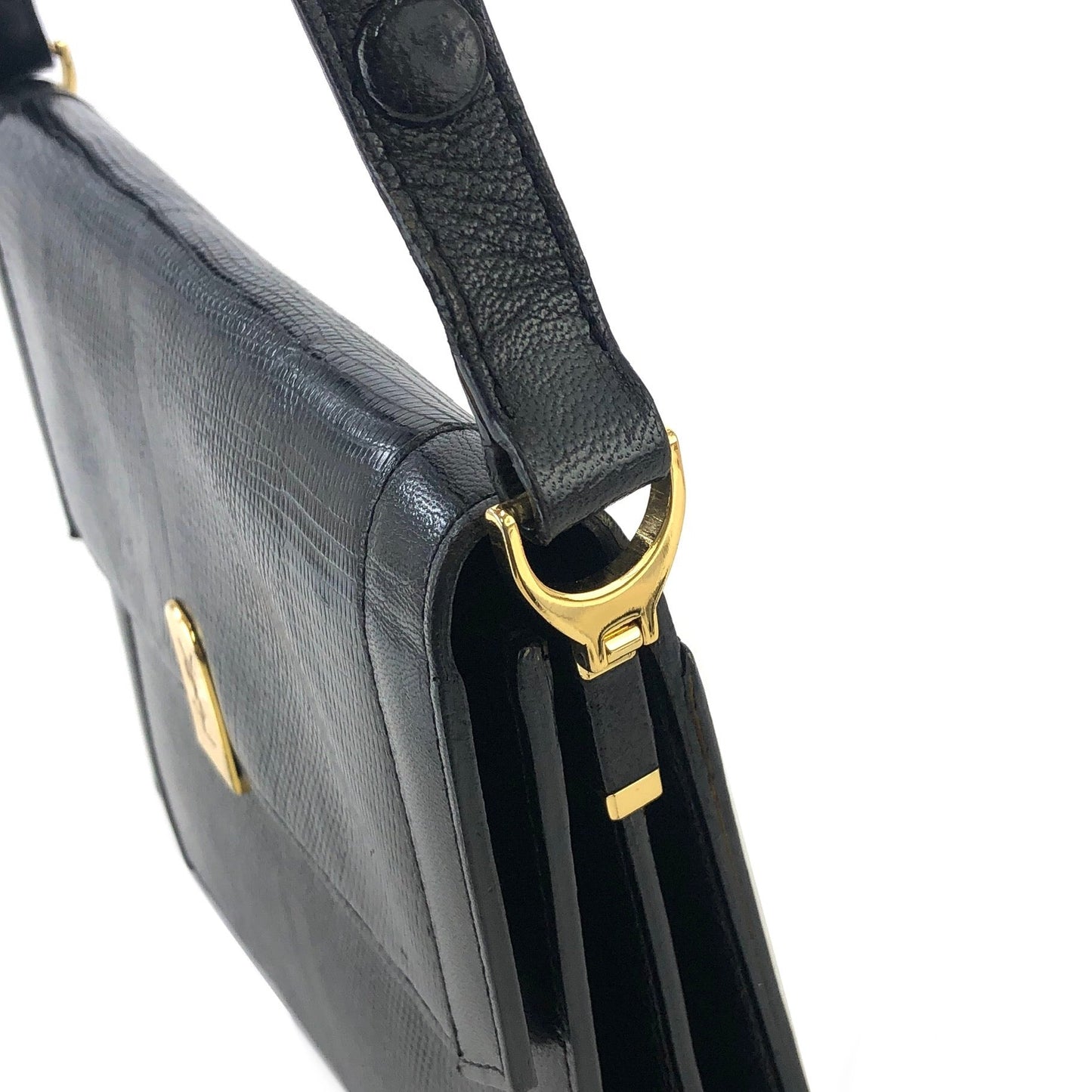Yves Saint Laurent YSL Logo Lizard Embossed Two-way Shoulder bag Handbag Black Vintage Old f23f2e