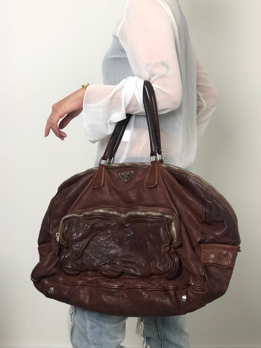 PRADA Triangle Logo Handbag Boston bag Washed leather Brown Vintage 2umzpg