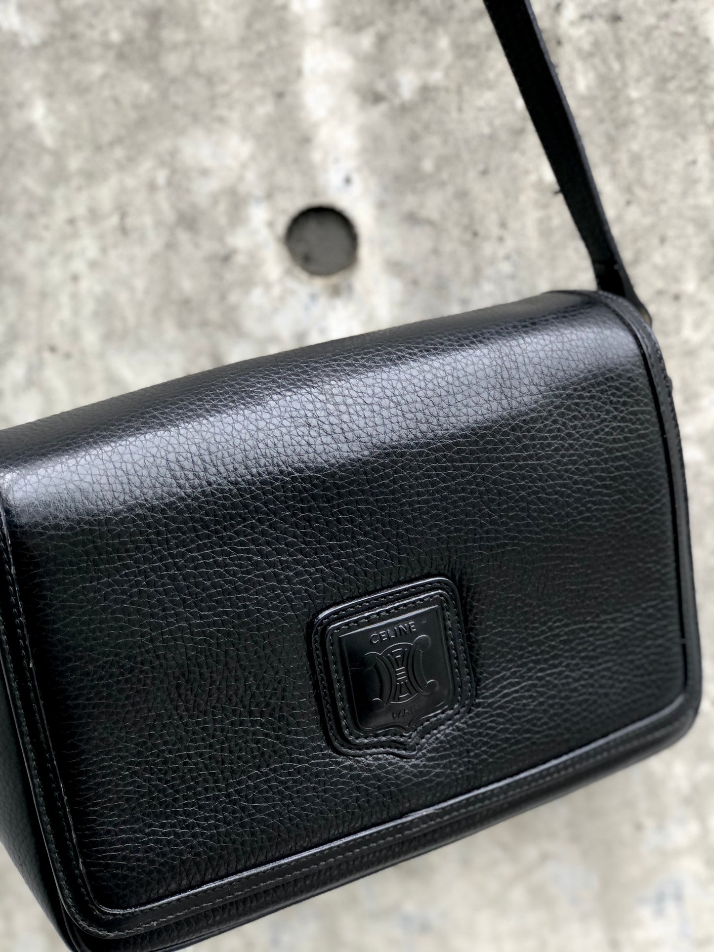 CELINE Blason Embossed Leather Black Vintage Old Celine fncrgy