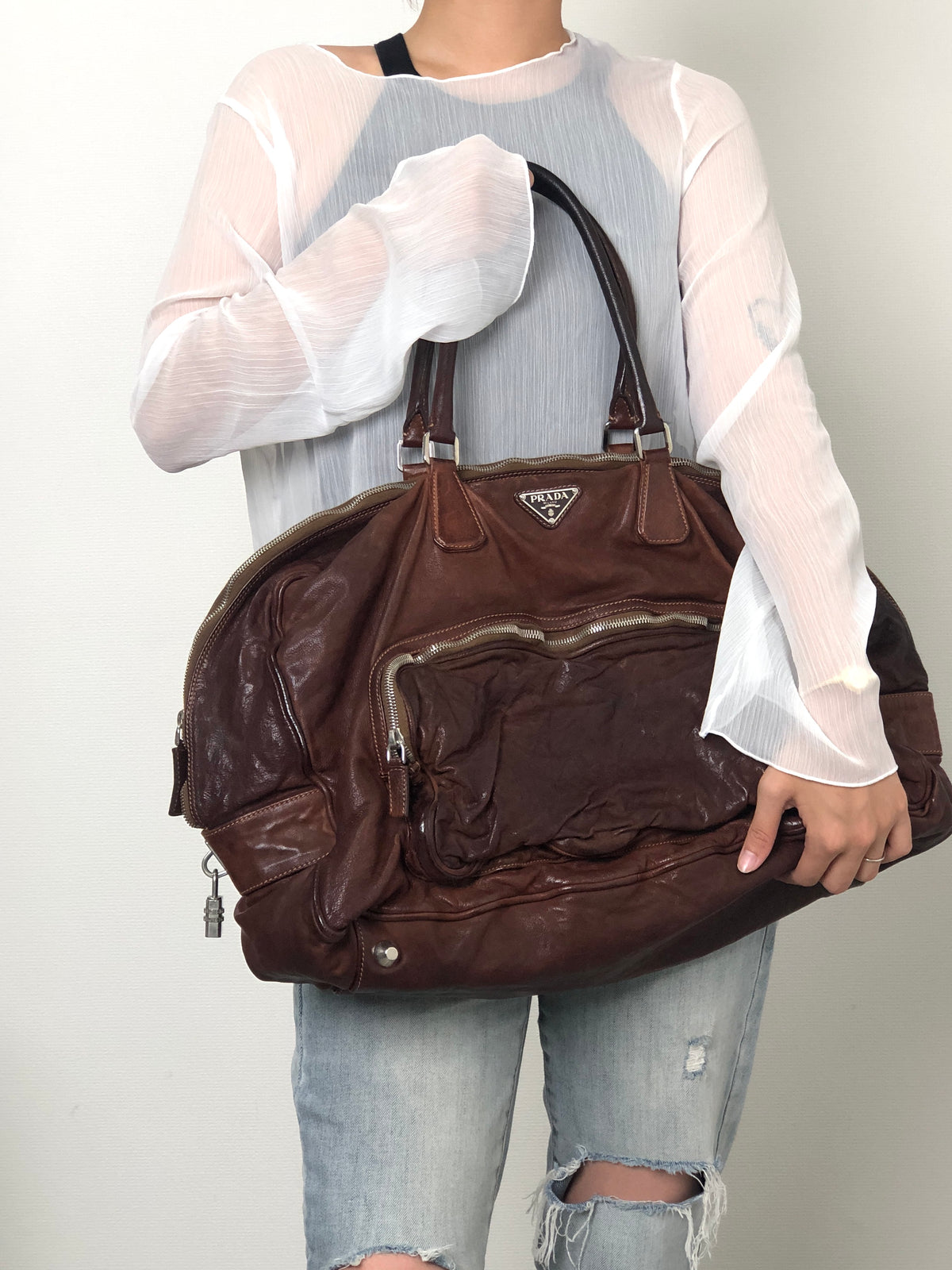 PRADA Triangle Logo Handbag Boston bag Washed leather Brown Vintage 2umzpg