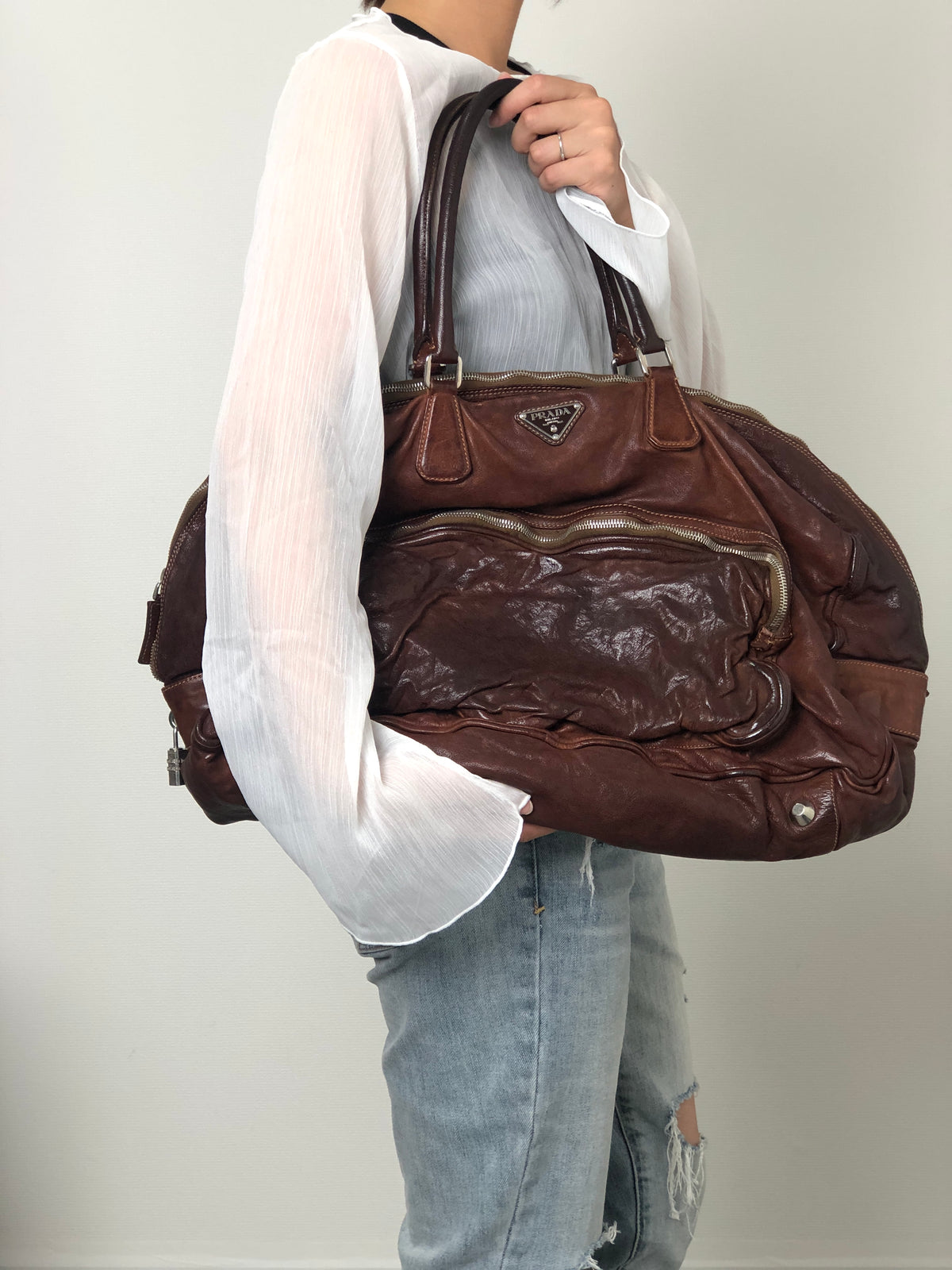 PRADA Triangle Logo Handbag Boston bag Washed leather Brown Vintage 2umzpg