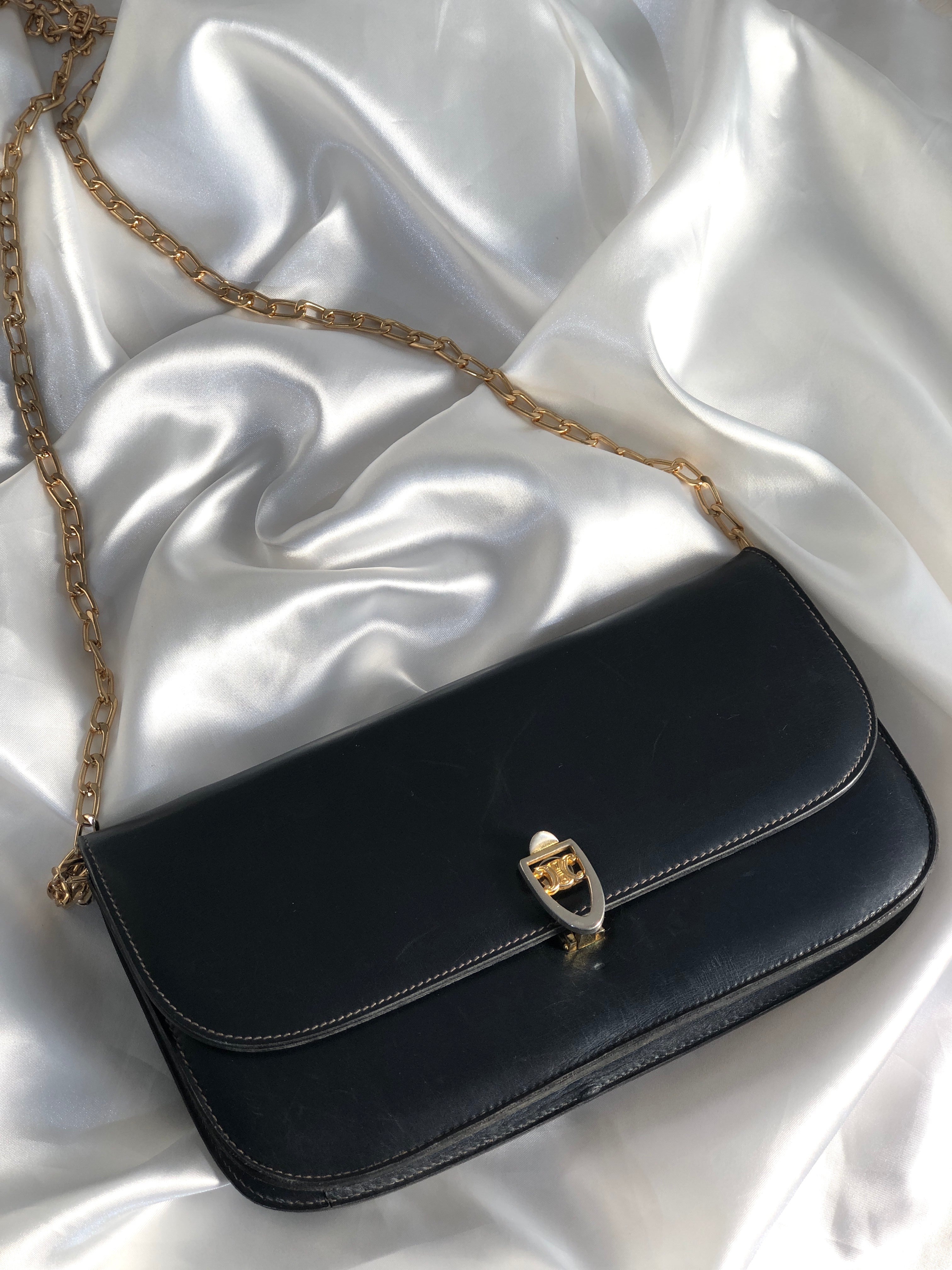 CELINE Leather Chain Shoulderbag mini bag navy Vintage Old Celine 