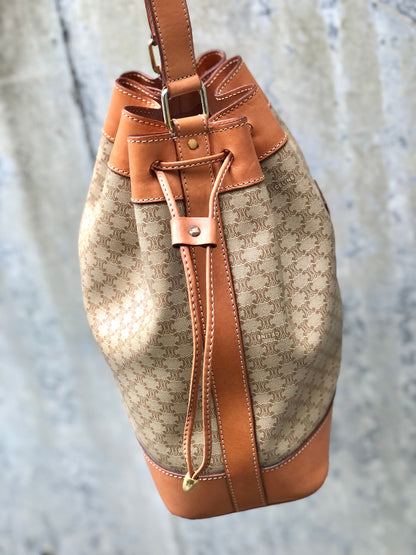 CELINE Macadam Blason Drawstring Bucket Shoulder bag Beige Vintage Old CELINE c5r8u7