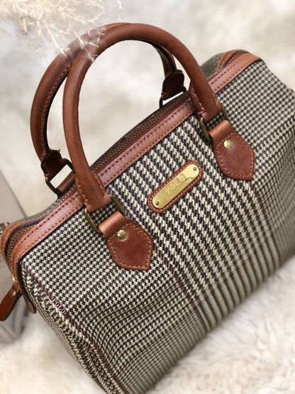 RALPH LAUREN Logo Houndstooth Boston bag Handbag Brown Vintage Old g7kdsy