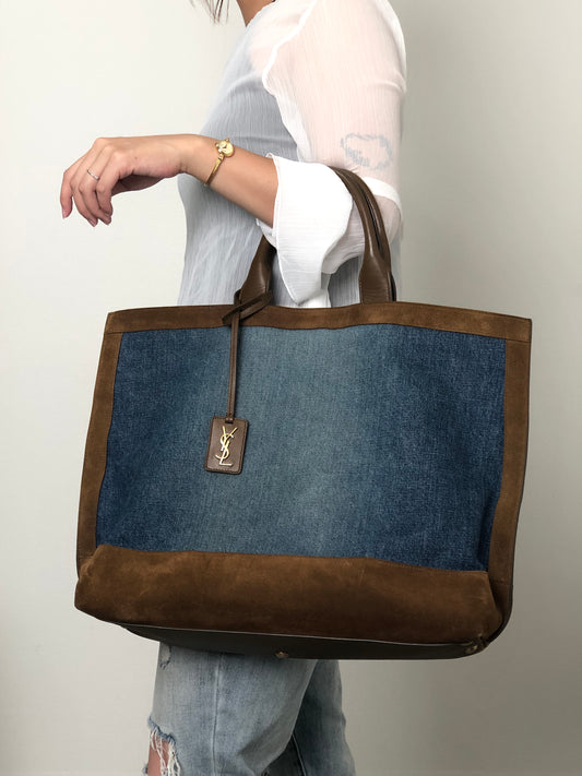 Yves Saint Laurent YSL Logo Totebag Indigo×Brown Vintage tgpnxk