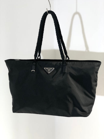 PRADA Triangle Logo Rope Handle Nylon Totebag Black Vintage dkh87x